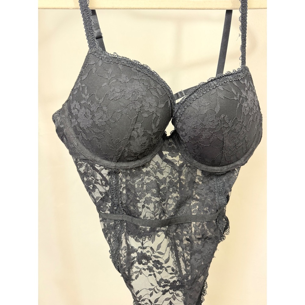 Forever 21 Black Floral Lace Underwire Bodysuit Lingerie Thong Back S